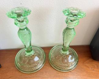 Pair of Green Etched Depression Glass Candlesticks