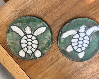 Two Raku Pottery Turtle Wine Bottle Coasters by Ben Diller 