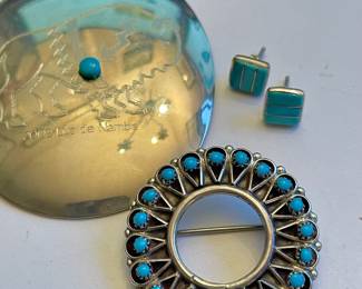 Luz de Nambe Pendant, Dishta Sterling Turquoise Brooch, Zuni Turquoise Earings
