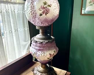 Floral Abergine and White Hurricane Lamp with Cast Base