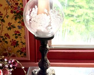 Rose Etched Hurricane Lamp with Cast Base