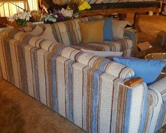 Vintage GuildCraft L-Shape Sofa With Striped Upholstery & Wooden Accents