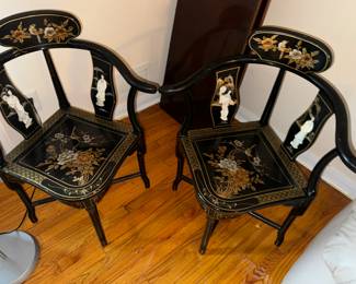 Pair Black Lacquered Asian inlaid chairs, one has some minor damage