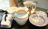 Antique wash basin pitchers and transferware