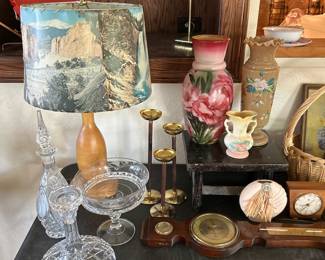 Crystal, lamp, MCM aluminum tapered candlesticks, antique Victorian Bristol hand blown and painted glassware, hull pottery, clocks