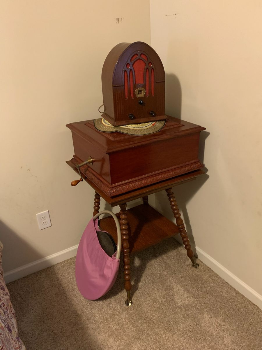 Antique radio and Symphonion music box; the bag has discs in it!