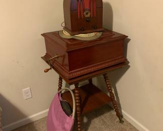 Antique radio and Symphonion music box; the bag has discs in it!