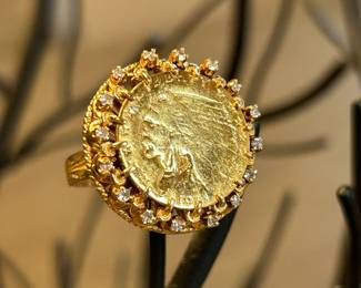14K Gold with 1914 Gold Quarter Eagle and Diamonds