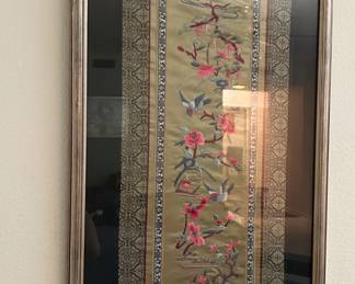 Framed Chinese Embroidered Silk Panel with Pink Flowers and Birds