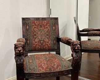 Every Castle Needs A Throne! Ornately Carved Mahogany Lion Head Armchair with Claw Feet. 