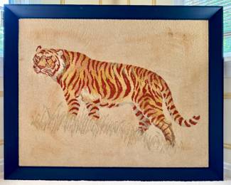 SOLD vintage framed Karastan rug of tiger; 49x40