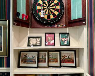 $60; vintage Kingshead Pub and Lodging dart board with chalkboard scoring; 21x4x28.        Fun collection of billiard artwork.