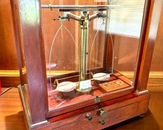 $250; E.H. Sargent & Co. pharmacy balance scale enclosed in wood & glass case; 17x10x18