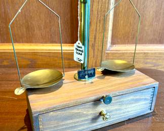 $120; brass balance scale with drawer and weights; 10x5x11