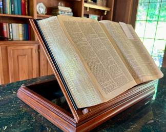 $100; Drexel wooden, adjustable book stand; 20x13x3-12h.     $10; The Living Webster Encyclopedia