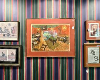 $48; vintage billiards game print; 17x13 (top left).   $28;  vintage billiard print; 13x10 (bottom left).      $100; framed print of”The Night Cafe”; 32x25 (center).       $28; framed billiards advertisement; 10x13 (top right).      $50; framed vintage Lucky Strike advertisement; 13x16 (bottom right)