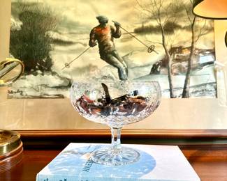 $100; original skiing watercolor by H. DaVinci Bullock, Sr.     $100; Rogaska crystal pedestal candy dish.     $20; American Skiing book.     $30; Expert Skiing book.
