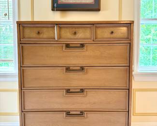 $1000; Mid-century modern 7-drawer high boy dresser with three small drawers across the top and black lacquered feet by American of Martinsville (as is—small water damage marks on the top); 40x20x48.     $150; original, multi-media Chinoiserie paper art framed; 23x22.5