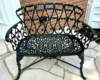 SOLD each (2 available); black, metal scrolled arm bench; 35x18x31