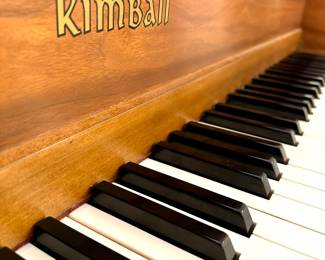 $2000; Kimball baby grand piano with upholstered storage bench; piano: 58x11x41; closeup of piano