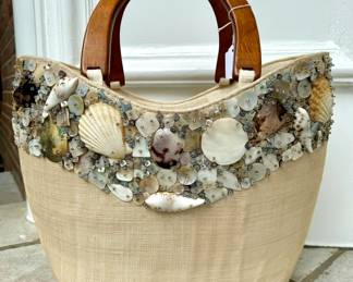 $48; seashell and linen tote with wooden handles by SeaLife