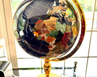 SOLD; gemstone globe on brass stand (each country is a different gemstone); 13”d x22”h
