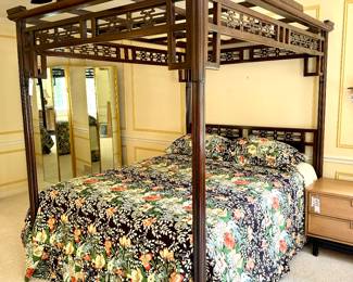SOLD--queen canopy bed with Chinoiserie detail; 66x84x81. Mattress NOT included.
