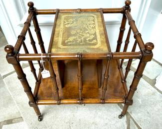 $150; vintage magazine rack with brass Chinoiserie designed table top; 18x13x18