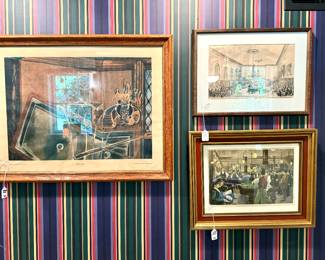 $200; framed print of “LaBIllard”; 31x24 (left).      $68; newspaper drawing of billiards framed; (top).       $150; vintage print of billiards game: 21x17 (bottom).