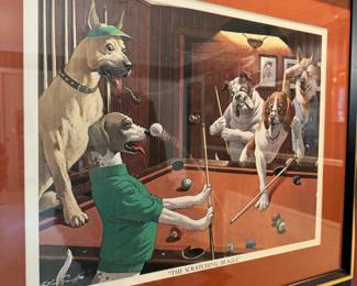 $100; “The Scratching Beagle” framed billiard artwork; 221x25.    Coordinating artwork entitled, “Hey! One Leg on the Floor”