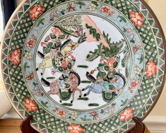 $200; hand-painted Chinoiserie large charger bowl and stand; 14”d