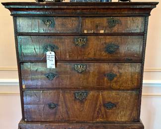 $550; antique, Queen Anne chest on stand—very old, authentic,fragile, beautiful craftsmanship with veneer and dovetail drawers; 38x20x59