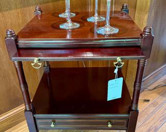 $100; side table by Bombay with pull out shelf and bottom drawer; 18x16x29.    $24; set of 4 martini glasses