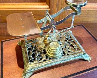$80; vintage brass postal scale on wooden base; scale: 7x7x5; base (separate) 12x8x2
