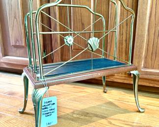 $140; vintage brass and wood magazine rack with scallop seashell accents; 16x11x18