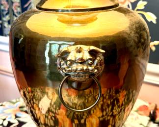  $300; brass urn table lamp with dragon head handles; 21x32.  Close-up views of handles.