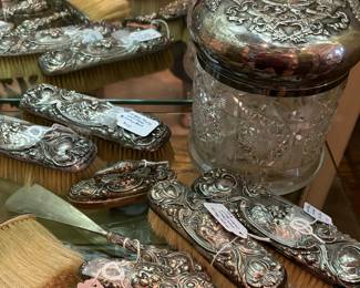 Lots of sterling silver dresser and cut glass pieces