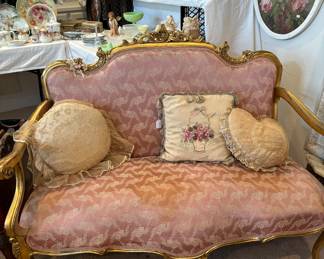 Louis XV gold gild love seat, carved arms and legs, original silk upholstery, circa 1880. 