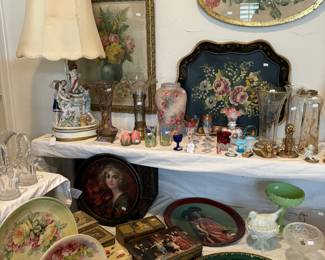 Figural lamp, antique trays, Rose pictures, and collectibles 