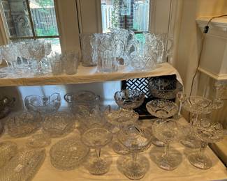 Beautiful cut glass, most is American Brilliant period signed by maker. Pictures do not do this huge collection justice.