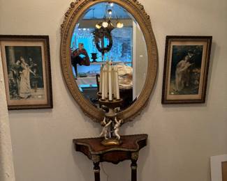 Oval mirror, wall pictures, unusual rare wall table.