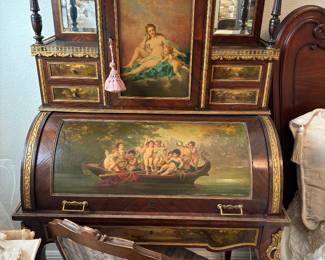 Louis XV Walnut Roll Top desk with gold ormolu, paintings of lady and angel on roll top.