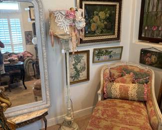 Beautiful French settee, rose pictures, stained glass