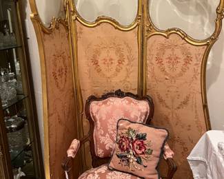 French 3 panel gold gild dressing screen with beveled glass insets and original silk covering, circa 1880