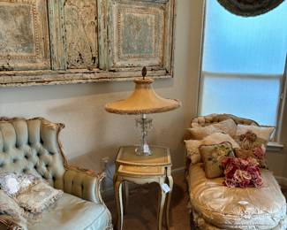 French chair, settee, lamp, nesting tables, architectural wall hanging.