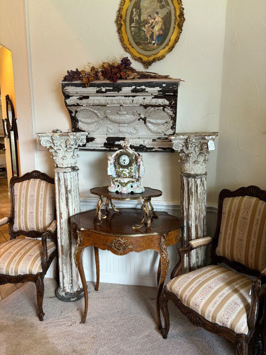 Pair of French chairs, French table with ormolu, Sitzendorf porcelain clock, beautiful architectural pieces.