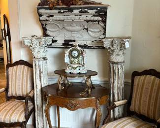 Pair of French chairs, French table with ormolu, Sitzendorf porcelain clock, beautiful architectural pieces.