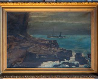 A painting of a steamship anchored off a rocky coastline by unknown artist Helga Carlsen. Made in Nov. 1911. Signed and dated in the bottom left corner.
