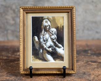 "Power" original framed artwork by listed Oregon artist, Kevin Kadar. Kadar's paintings are imbued with a timeless, otherworldly quality, whether his subjects are dynamic nudes, surrealistic allegorical scenes or masterful landscapes which allude his years spent painting and museum-going around Europe. Kevin Kadar is a graduate of Cooper Union in New York City. He is included in many corporate, private and public collections including the Tacoma Art Museum and the Hallie Ford Museum.