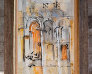 "Venetian Facade" original artwork by listed artist, William Thon. Professionally framed under glass. Thon was an American artist noted for highly abstracted landscape paintings. Additional bio information in photos on back of artwork.